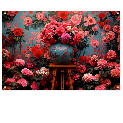 Blauwe vaas met roze bloemen tuinposter