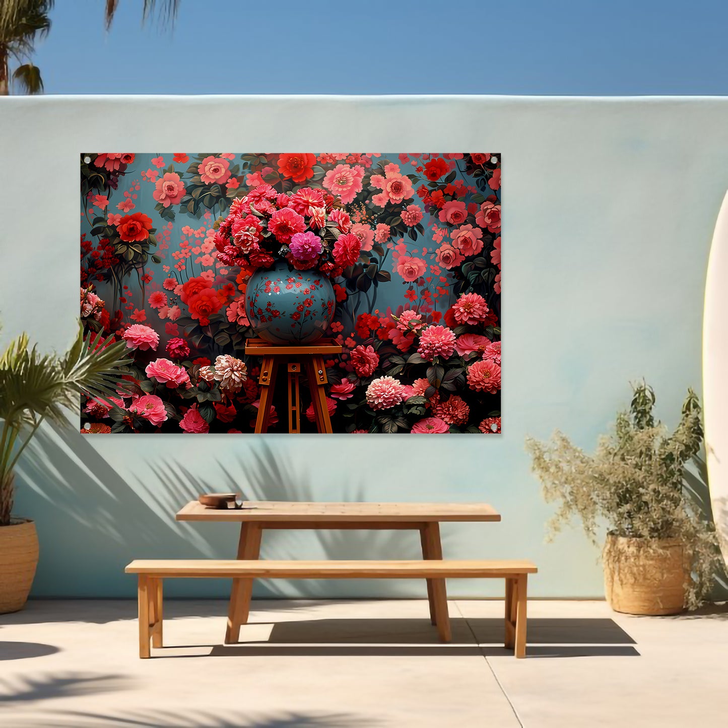 Blauwe vaas met roze bloemen tuinposter