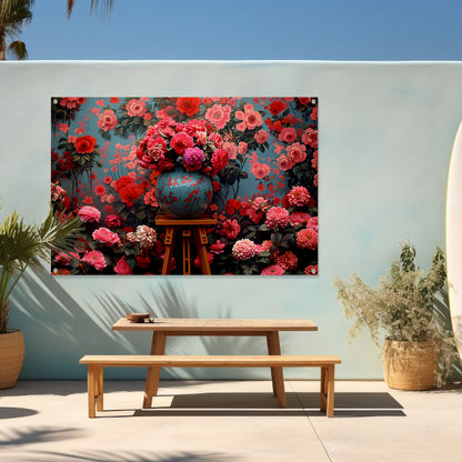 Blauwe vaas met roze bloemen tuinposter