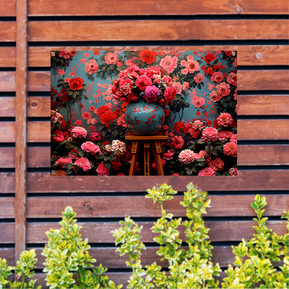 Blauwe vaas met roze bloemen tuinposter