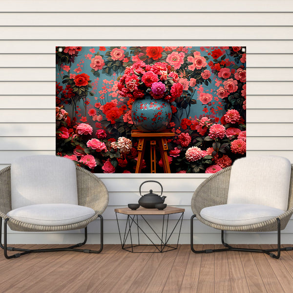 Blauwe vaas met roze bloemen tuinposter