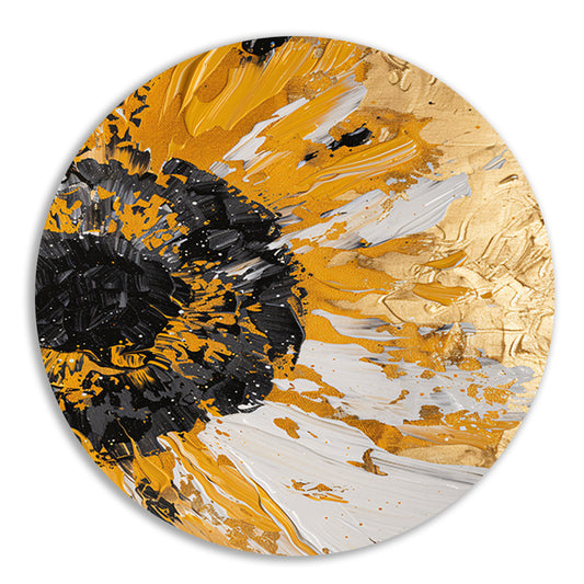 Dynamische abstracte zonnebloem in goud en zwart aluminium muurcirkel