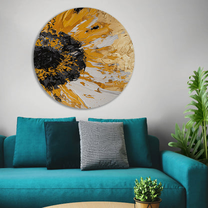 Dynamische abstracte zonnebloem in goud en zwart aluminium muurcirkel