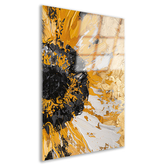Dynamische abstracte zonnebloem in goud en zwart acrylglas