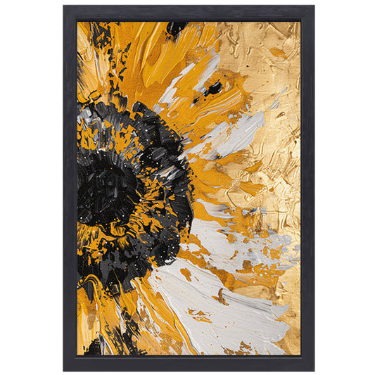 Dynamische abstracte zonnebloem in goud en zwart canvas met baklijst