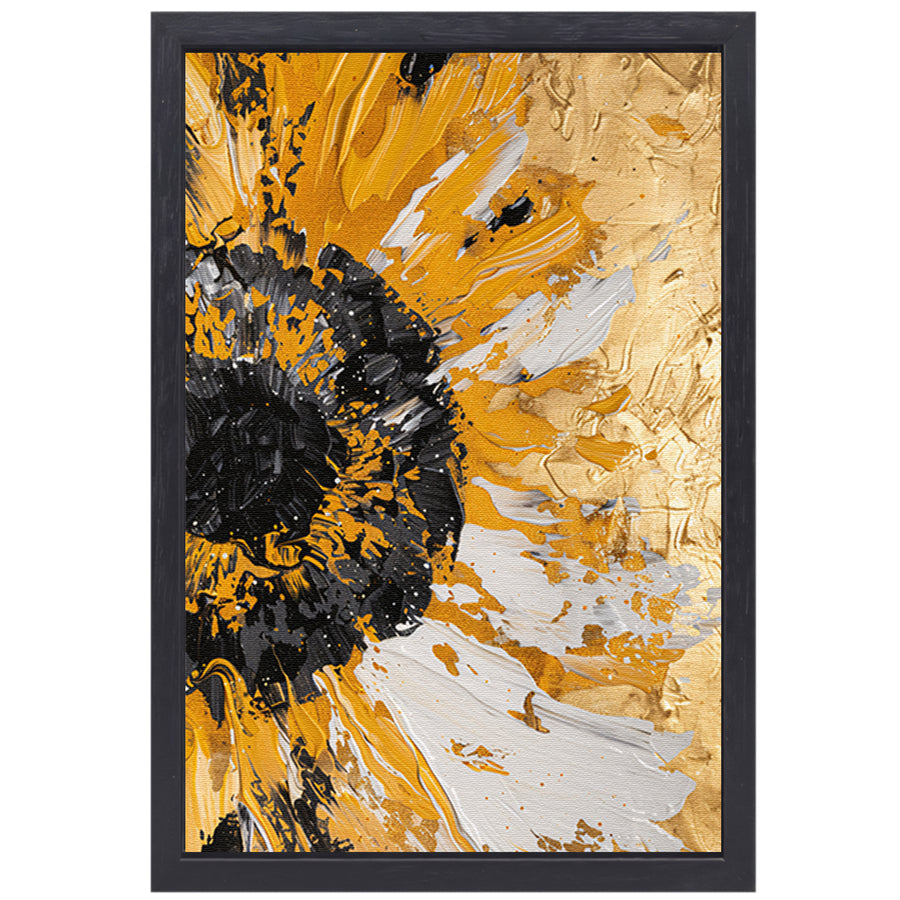 Dynamische abstracte zonnebloem in goud en zwart canvas met baklijst