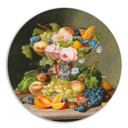 Groot stilleven met bloemen en fruit - Johann Georg Seitz aluminium muurcirkel