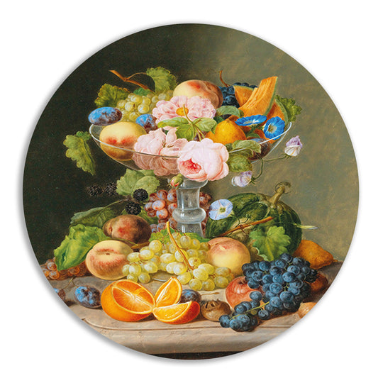 Groot stilleven met bloemen en fruit - Johann Georg Seitz aluminium muurcirkel