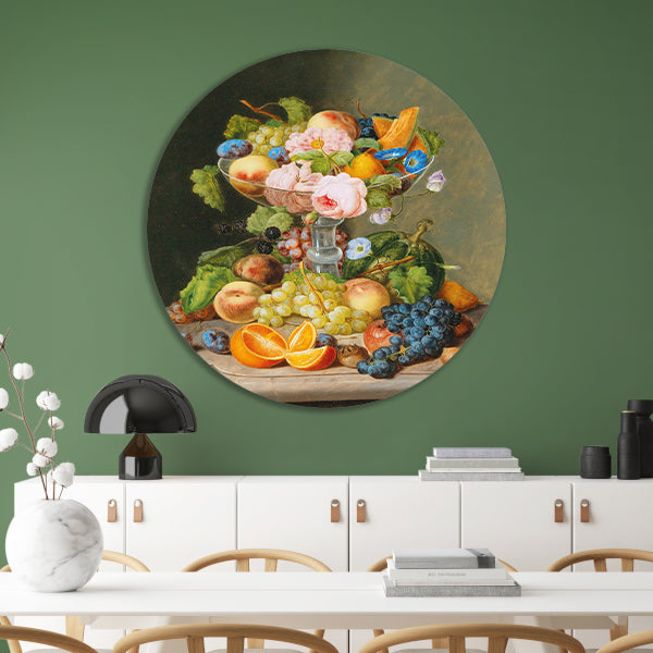 Groot stilleven met bloemen en fruit - Johann Georg Seitz aluminium muurcirkel