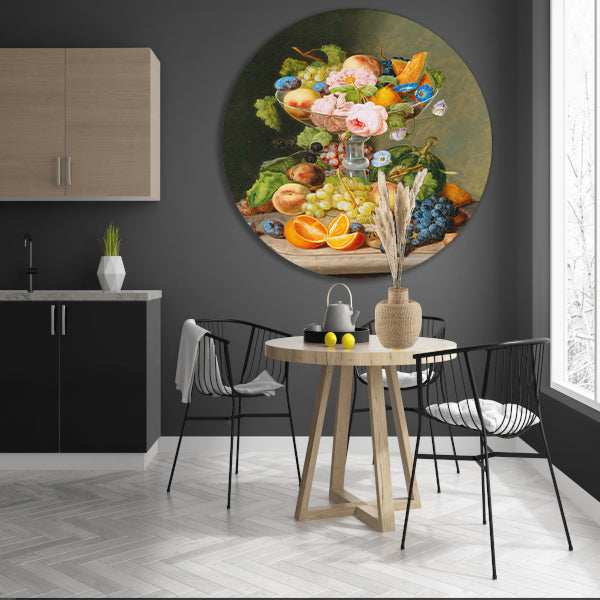 Groot stilleven met bloemen en fruit - Johann Georg Seitz aluminium muurcirkel