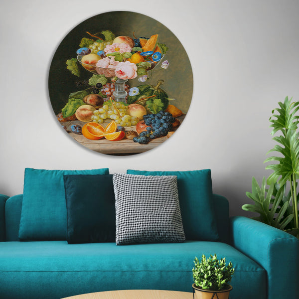 Groot stilleven met bloemen en fruit - Johann Georg Seitz aluminium muurcirkel