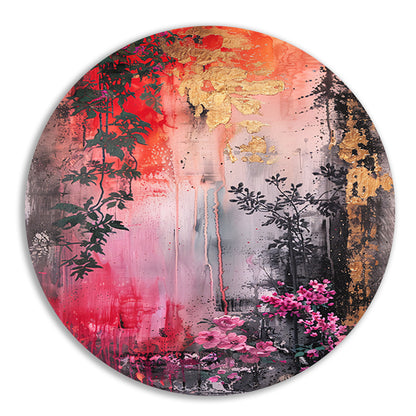 Levendige abstracte bloemen en planten compositie aluminium muurcirkel