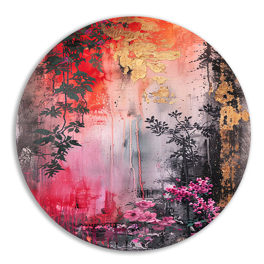 Levendige abstracte bloemen en planten compositie aluminium muurcirkel