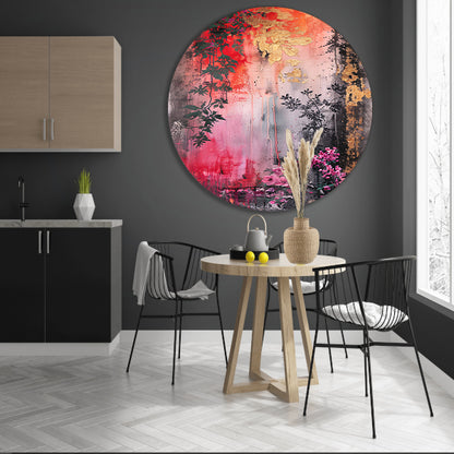 Levendige abstracte bloemen en planten compositie aluminium muurcirkel