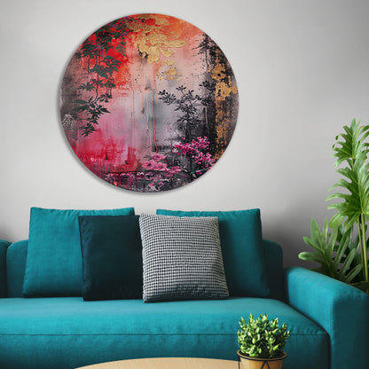 Levendige abstracte bloemen en planten compositie aluminium muurcirkel