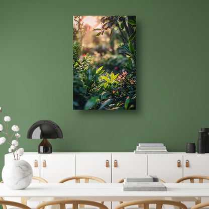 Zonnestralen door groene planten poster