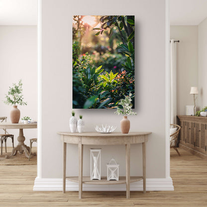 Zonnestralen door groene planten canvas
