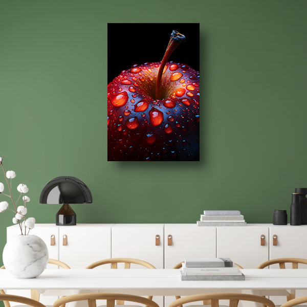 Close-up van een rode appel met waterdruppels canvas met baklijst