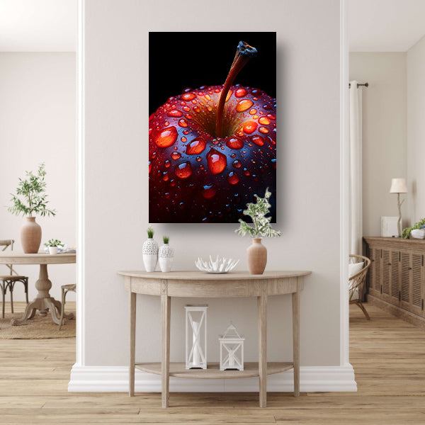 Close-up van een rode appel met waterdruppels canvas met baklijst