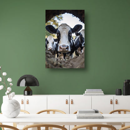 Nieuwsgierige koeien in de aarde canvas
