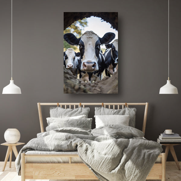 Nieuwsgierige koeien in de aarde canvas