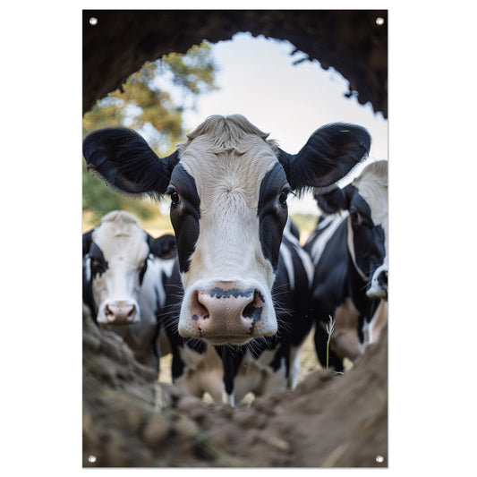 Nieuwsgierige koeien in de aarde tuinposter