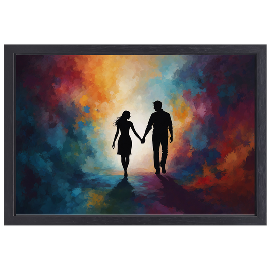 Hand in Hand: Silhouet tegen Kleurenpracht canvas met baklijst