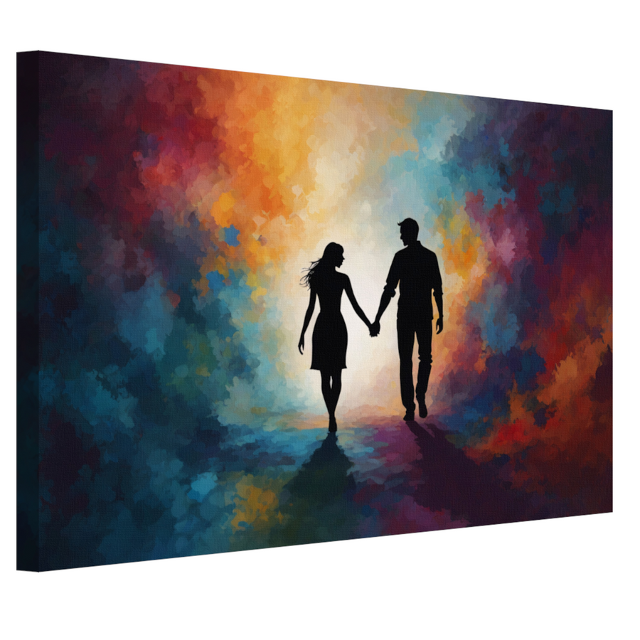 Hand in Hand: Silhouet tegen Kleurenpracht canvas