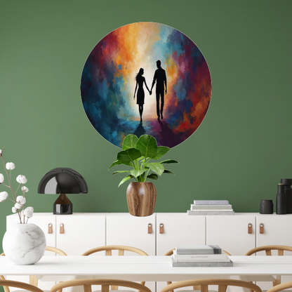 Hand in Hand: Silhouet tegen Kleurenpracht aluminium muurcirkel