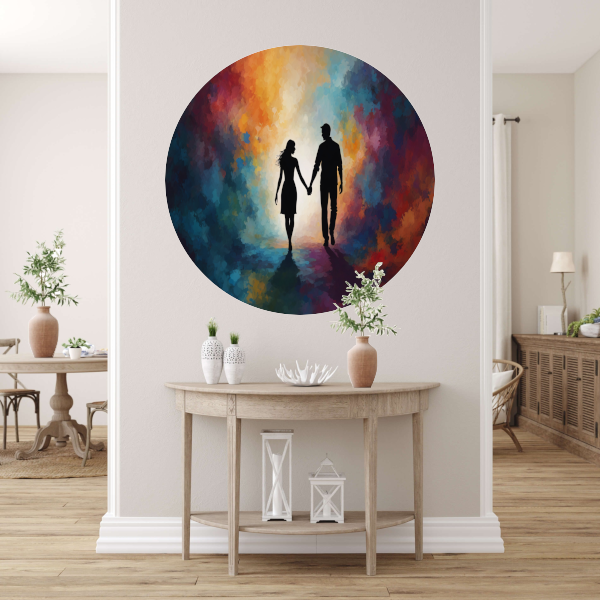 Hand in Hand: Silhouet tegen Kleurenpracht aluminium muurcirkel
