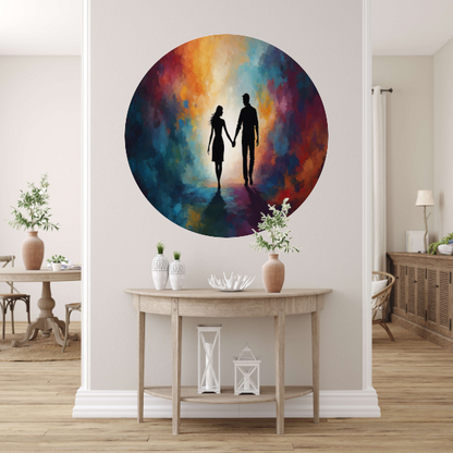 Hand in Hand: Silhouet tegen Kleurenpracht aluminium muurcirkel