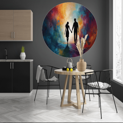 Hand in Hand: Silhouet tegen Kleurenpracht aluminium muurcirkel