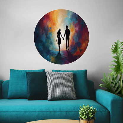 Hand in Hand: Silhouet tegen Kleurenpracht aluminium muurcirkel
