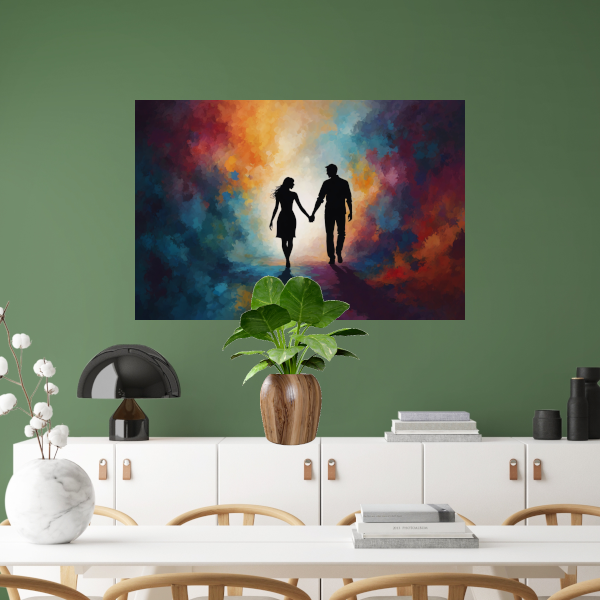 Hand in Hand: Silhouet tegen Kleurenpracht canvas met baklijst