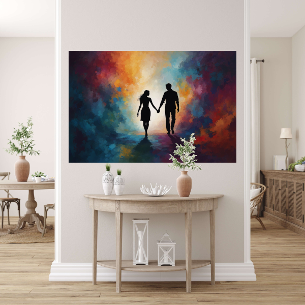 Hand in Hand: Silhouet tegen Kleurenpracht canvas met baklijst