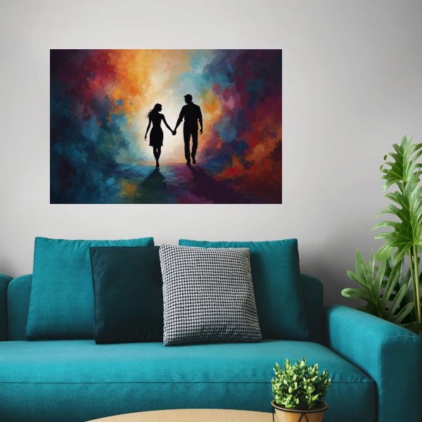 Hand in Hand: Silhouet tegen Kleurenpracht canvas met baklijst
