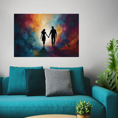 Hand in Hand: Silhouet tegen Kleurenpracht canvas met baklijst