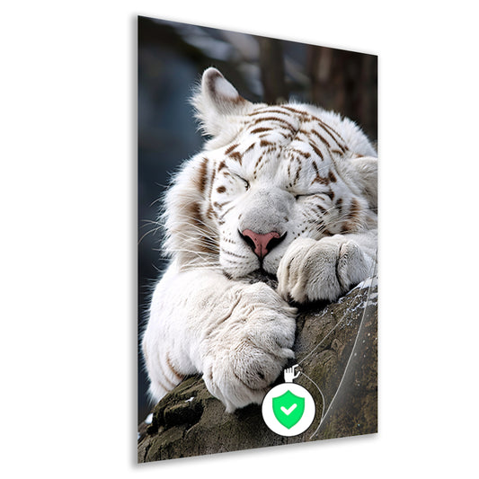 Slapende Witte Tijger op Steen poster