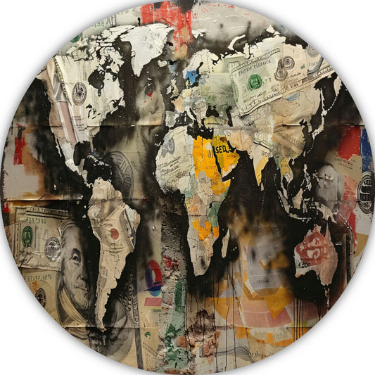 Popart Wereldkaart Geld aluminium muurcirkel