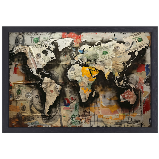 Popart Wereldkaart Geld canvas met baklijst