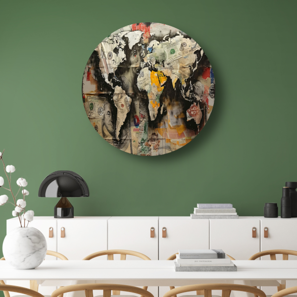 Popart Wereldkaart Geld aluminium muurcirkel