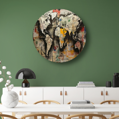 Popart Wereldkaart Geld aluminium muurcirkel