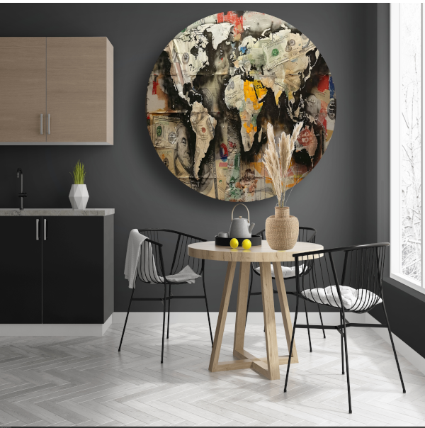 Popart Wereldkaart Geld aluminium muurcirkel