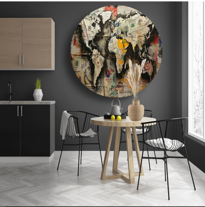 Popart Wereldkaart Geld aluminium muurcirkel
