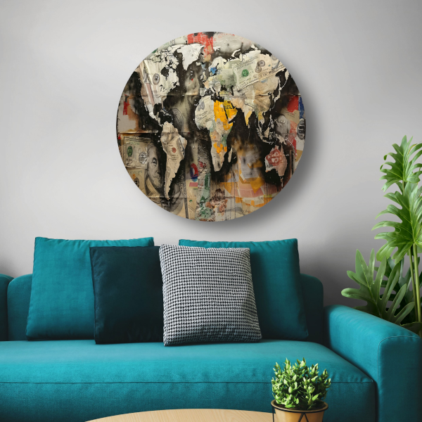 Popart Wereldkaart Geld aluminium muurcirkel