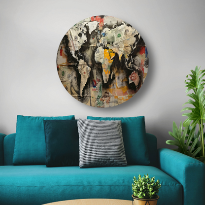Popart Wereldkaart Geld aluminium muurcirkel