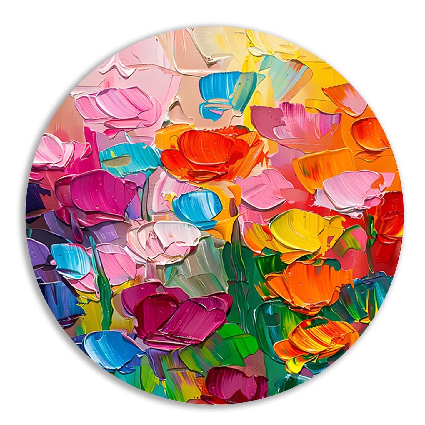 Abstract kleurrijk bloemenveld schilderij voor interieur aluminium muurcirkel