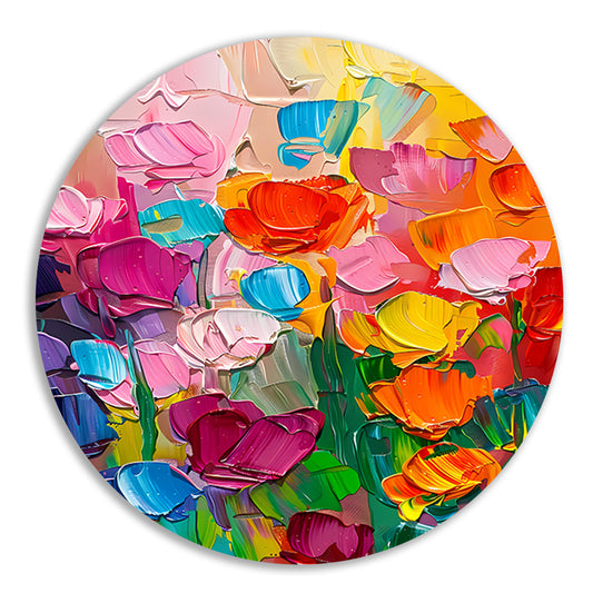 Abstract kleurrijk bloemenveld schilderij voor interieur aluminium muurcirkel