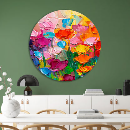 Abstract kleurrijk bloemenveld schilderij voor interieur aluminium muurcirkel