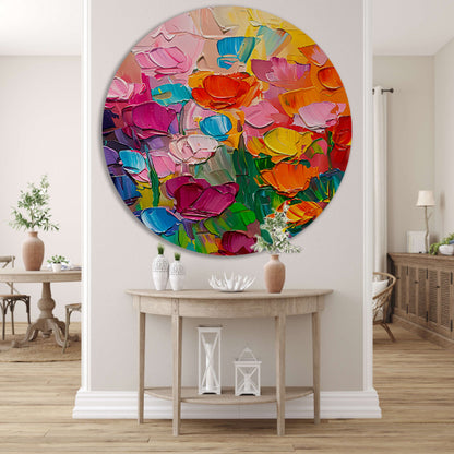 Abstract kleurrijk bloemenveld schilderij voor interieur aluminium muurcirkel